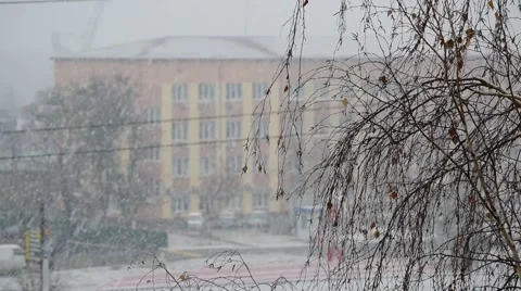 Snow falling in a city with a building on winter day Stock Footage 66438864