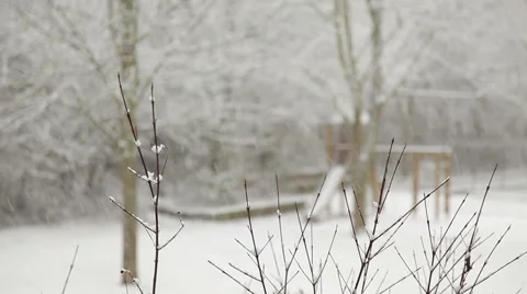 Snow falling in the courtyard with a playground. Stock Footage 48441072