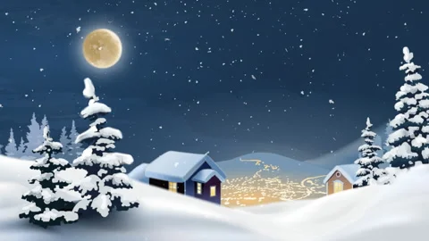 Snow falling on cute village in forest. Winter Snow covered animated trees Stock Footage 259184290