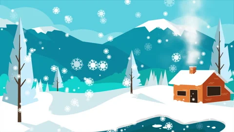 Snow falling on cute village in forest. Winter Snow covered animated Stock Footage 259725944