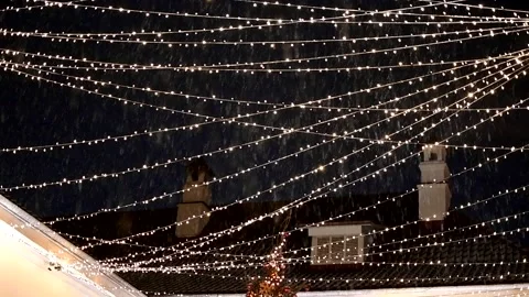 Snow falling on dark sky with Blue particles in the winter Christmas Stock Footage 145943264