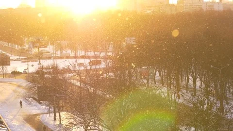 Snow falling down over the city Stock Footage 72606227