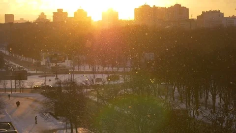 Snow falling down over the city Stock Footage 72606318