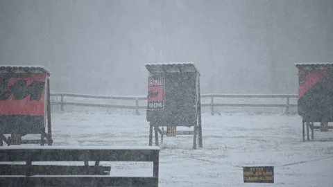 Snow falling on field and archery target in winter season Stock Footage 146360703