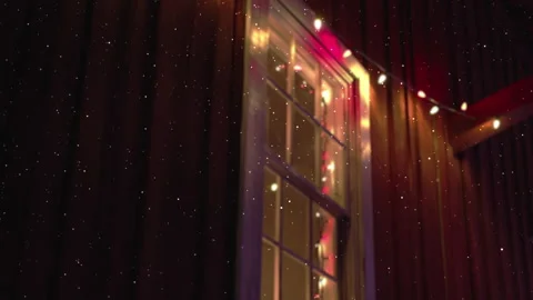 Snow Falling In Front of Window with Christmas Lights - Shallow DOF Stock Footage 144250920