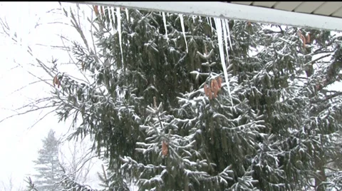 Snow falling with icicles hanging from rooftop Stock Footage 35841177