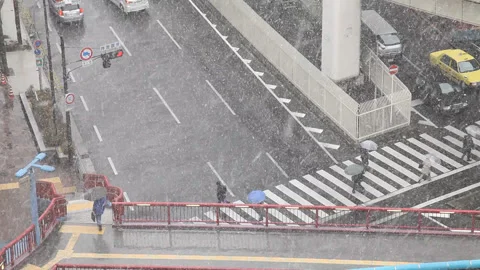 Snow falling intersection Stock Footage 161964424