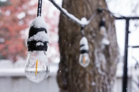 Snow Falling on Lightbulbs in Backyard Stock Photos