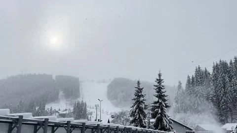 Snow falling on mountain ski resort with pine trees Stock Footage 294111332