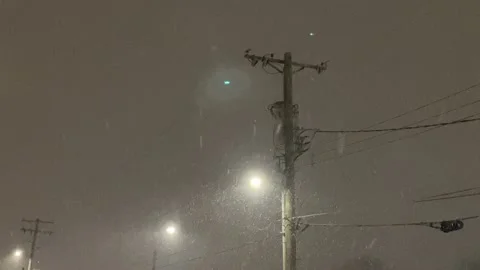 Snow Falling near Power Lines Stock Footage 148127364