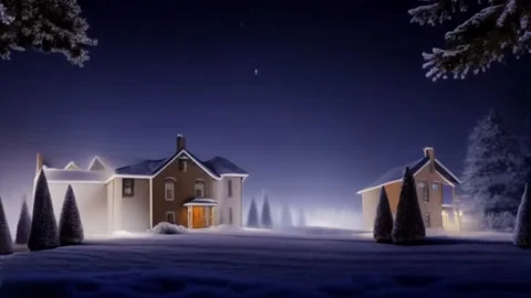 Snow falling at night on snowy fields and houses in the background. A short.. Vídeos de archivo 255897600