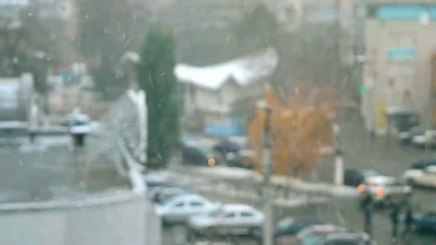 Snow falling outdoors, out of focus Stock Footage 71012369