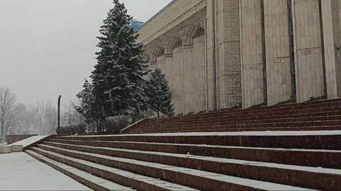 Snow falling outside Central State Museum of the Republic of Kazakhstan. Stock Footage 303562132
