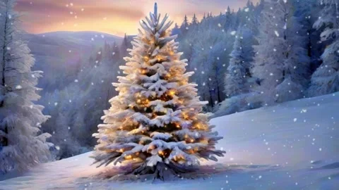 Snow falling over christmas tree on winter landscape against sunset sky Video stock 258225649