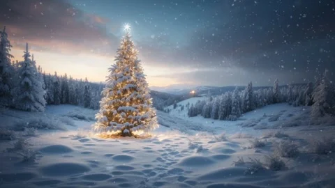 Snow falling over christmas tree, fir trees in winter scenery at sunset Stock Footage 258226181