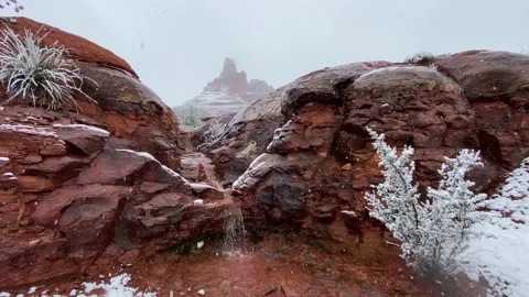 Snow falling on the red rocks in Sedona, Arizona Stock Footage 171876216