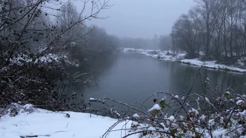 Snow falling on the river. Bare bush in the foreground. 库存影片 166906201
