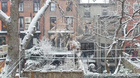 Snow falling in slow motion in back yard of brownstone buildings in Brooklyn Stock Footage 83367010