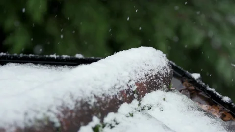 SNOW FALLING in SLOW MOTION ONTO EDGE OF HOUSE ROOF Stock Footage 126544748