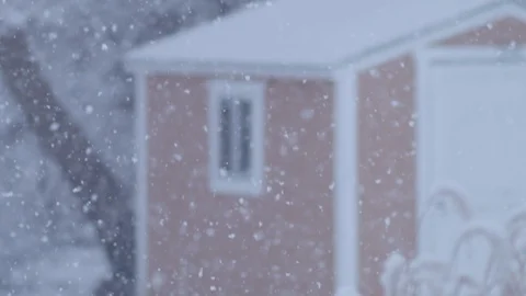 Snow falling in slow motion with a shed in the background. Stock Footage 86570946