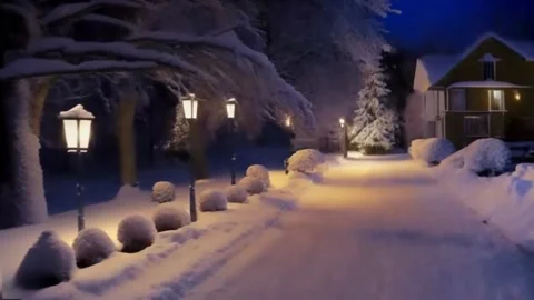 Snow falling, snow covered tree branches, streets, sidewalks, burning lante.. Stock Footage 255894157