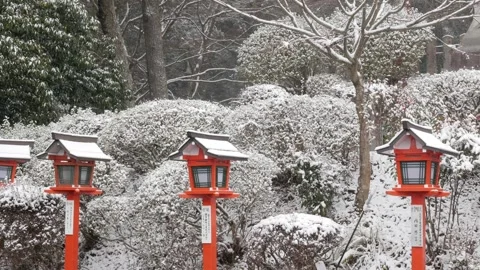 Snow falling on the traditonal wooden lantern along rocky stair pathway in .. Video stock 289813498