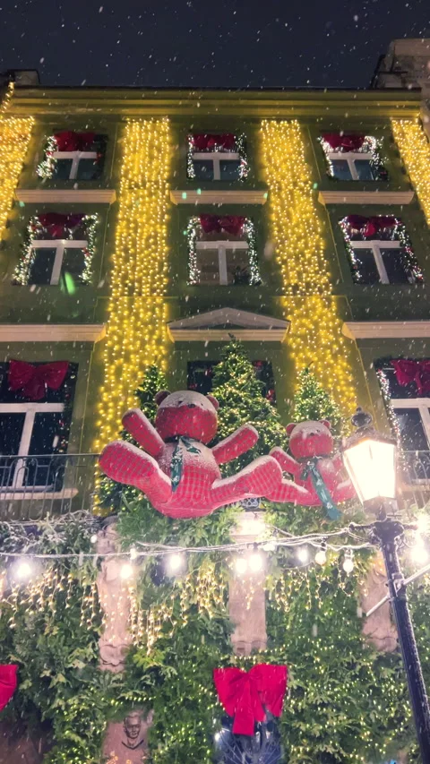 Snow falls against the backdrop of a building decorated with garlands, lights. Stock Footage 295834472