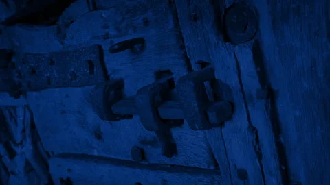 Snow Falls On Castle Door Lock At Night Stockbeeldmateriaal 282935703