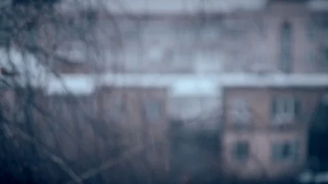 Snow falls in city on blurred background of buildings Stock Footage 74759012