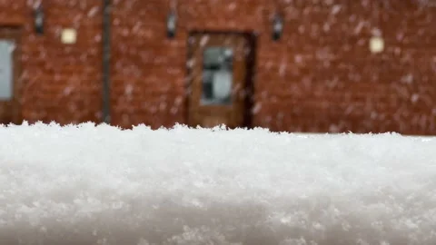 Snow falls to the ground outside in the backyard of a house. Shifting focus on Vidéo 169289141