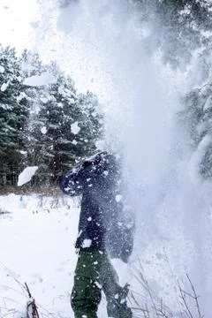 Snow falls on a man from a tree Foto stock