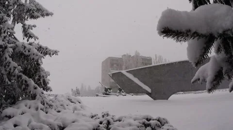 Snow falls on a monument to Soviet-era cannon and trees Stock Footage 46355207