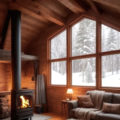 Snow falls outside as the chimney inside the wooden house stands tall Stock Footage 257394803
