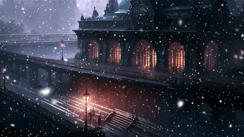 Snow falls slowly on an old Gothic building on a winter evening. Stock-Footage 236006297