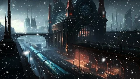 Snow falls slowly on an old Gothic railway station building on a winter evening. Stock Footage 236006329
