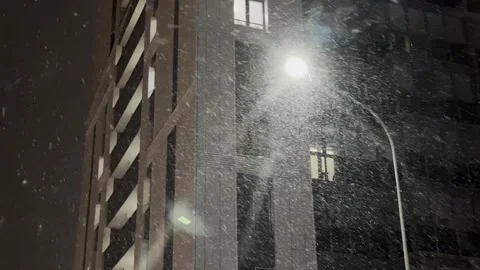 Snow falls through the glow of a streetlight against a residential building.. Stock Footage 322005451