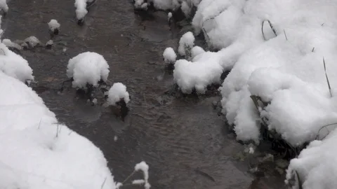 Snow falls into the water. Stock Footage 98235675