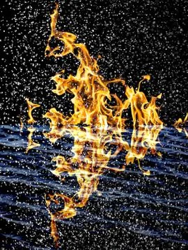 Snow on the fire background with reflection on water Illustrazione stock