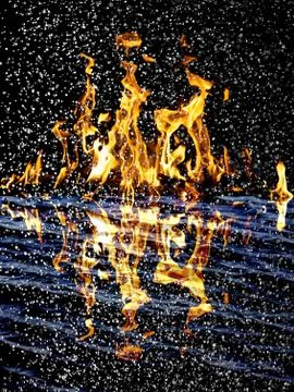 Snow on the fire background with reflection on water Illustrazione stock