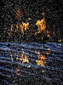 Snow on the fire background with reflection on water Stock Illustration