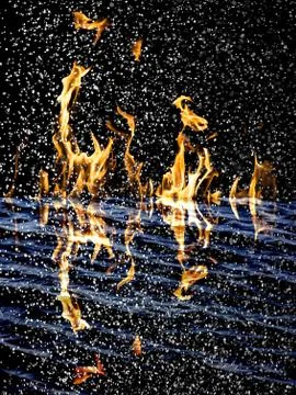 Snow on the fire background with reflection on water Stock Illustration