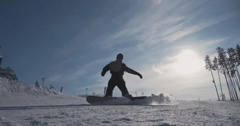 Snow flying into the camera from the board of a snowboarder Stock Footage 154302853