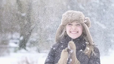 Snow fun activity outdoors in the winter time. happy women smiling Stock Footage 72872172