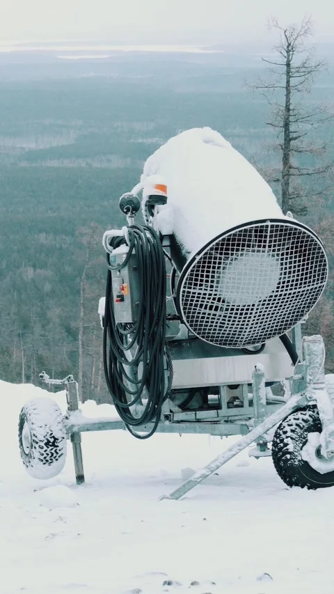 The snow generator, a snow cannon, is located on a ski slope. Stock Footage 313856227