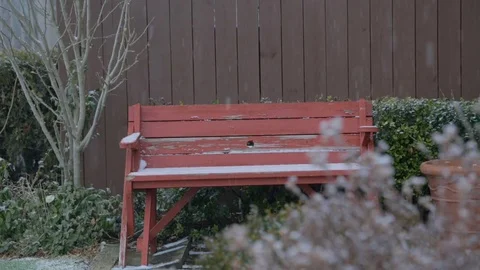 Snow gently falling in front of red wooden bench Stock Footage 77280833