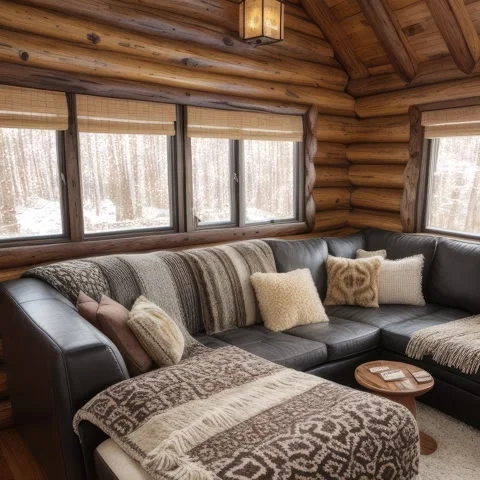 Snow gently falls outside as a spacious sofa invites comfort within Stock Footage 257317522