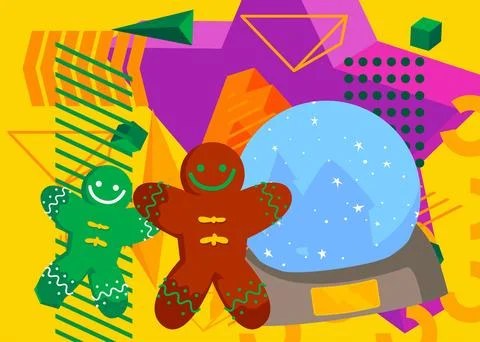 Snow Globe and Gingerbread Man Christmas Cookie geometrical graphic retro t.. Stock Illustration