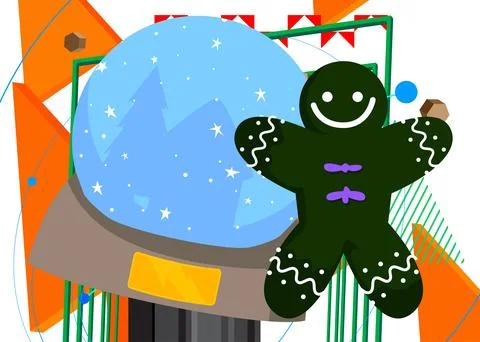 Snow Globe and Gingerbread Man Christmas Cookie geometrical graphic retro t.. Stock Illustration