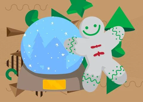Snow Globe and Gingerbread Man Christmas Cookie geometrical graphic retro t.. Stock Illustration