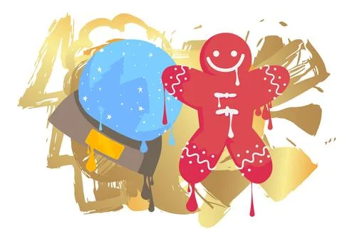 Snow Globe and Gingerbread Man Christmas Cookie graffiti. Abstract modern s.. Stock Illustration